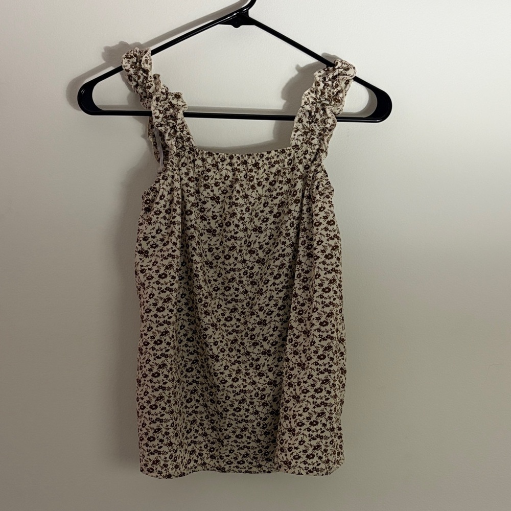 SHEIN Floral Ruffle Strap Top - Cream and Brown